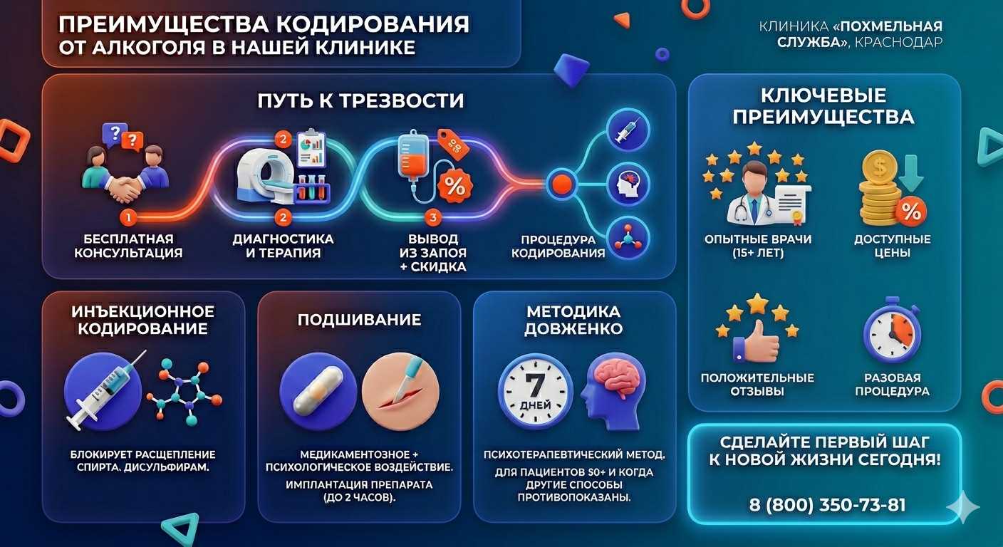 Инфографика о методах кодирования от алкоголя в Лукоянове: инъекции, подшивание, метод Довженко. Преимущества клиники и этапы лечения.